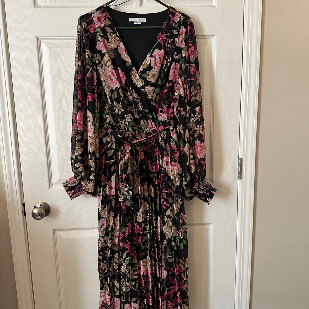 Baltic Born Midi Floral Dress with Balloon Sleeves - Black and Pink